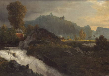 Achenbach, Oswald: Abendliche Landschaft mit Wasserfall: Oswald Achenbach Duesseldorf 1827 - 1905 Evening landscape with a waterfall Oil on canvas, relined; H 34 cm, W 47.5 cm; monogrammed lower right ''O.A.''; a copy of Karl Koetschau's expertise dated Oct