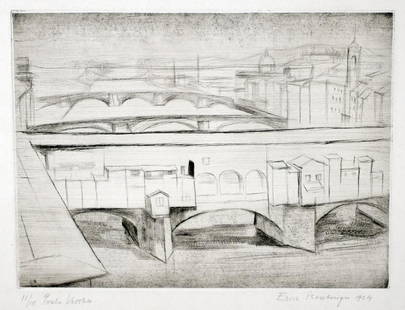 Isenburger, Eric: Ponte Vecchio: Eric Isenburger 1902 Frankfurt/M. - 1994 New York Ponte Vecchio Etching on paper; H 200 mm, W 267 mm; signed and dated lower right ''Eric Isenburger 1924''