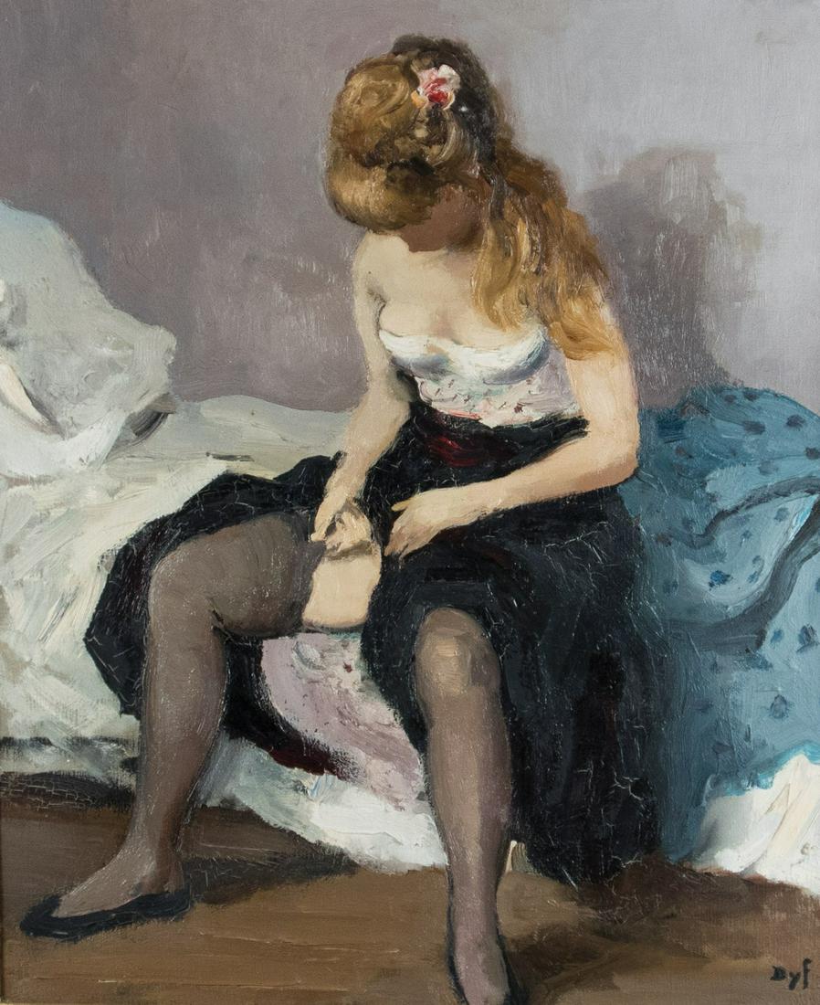 Dvy, Marcel: Jeune fille enfilant ses bas: Marcel Dyf 1899 - 1985 Jeune fille enfilant ses bas Oil on canvas, around 1940; H 65 cm, W 54 cm; signed lower right ''Dyf''