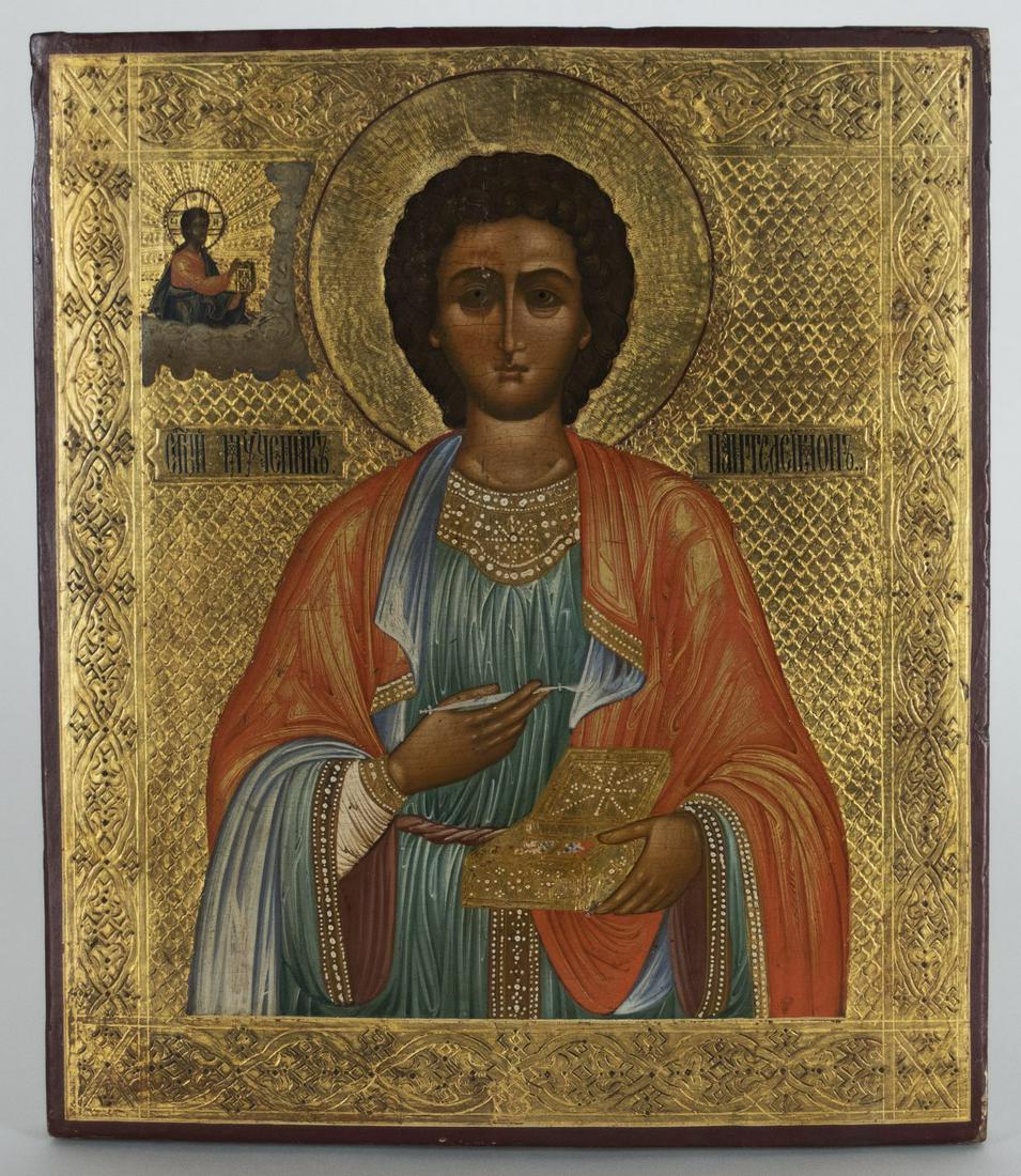 Russland um 1900: Heiliger Panteleimon: Russia around 1900 St. Panteleimon Icon, tempera on birch wood; H 31 cm, W 27 cm