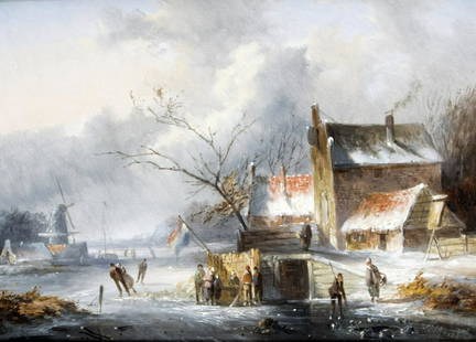 Morel II, Jan Evert: Freuden auf dem Eis: Jan Evert Morel II 1835 - 1905 Pleasures on the ice Oil on wood; H 16 cm, W 21.5 cm; signed ''J.E. Morel f''