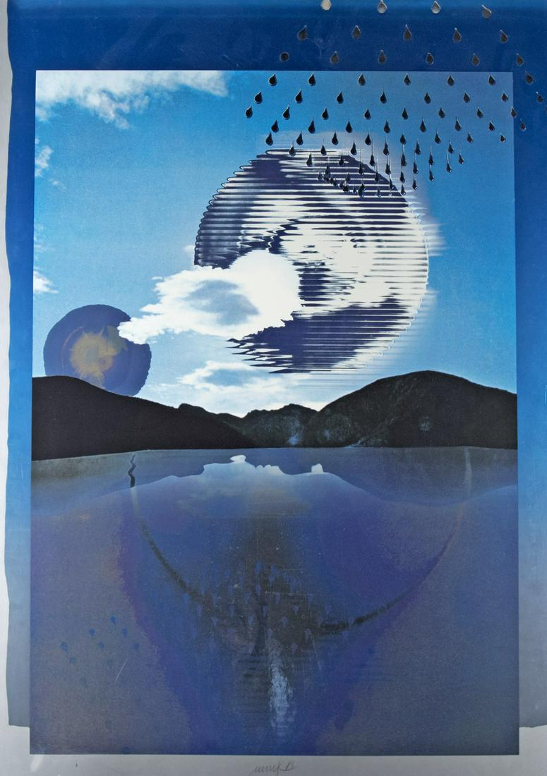 Mack, Heinz: Kunst im Jahr 2000: Heinz Mack 1931 Lollar Art in the year 2000 Color serigraph with embossing on paper; H 1000 mm, W 700 mm; signed and dated (19)86 lower center; numbered ''34/100''; from the graphic edition ''Medien d