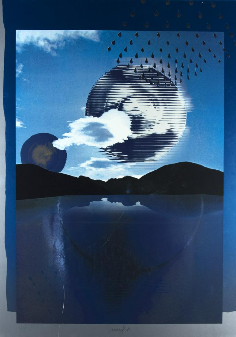 Mack, Heinz: Kunst im Jahr 2000: Heinz Mack 1931 Lollar Kunst im Jahr 2000 Color serigraph with embossing on paper; H 1000 mm, W 700 mm; signed and dated (19)86; numbered ''10/100''; from the graphic Edition ''Medien der Zukunft - Zu