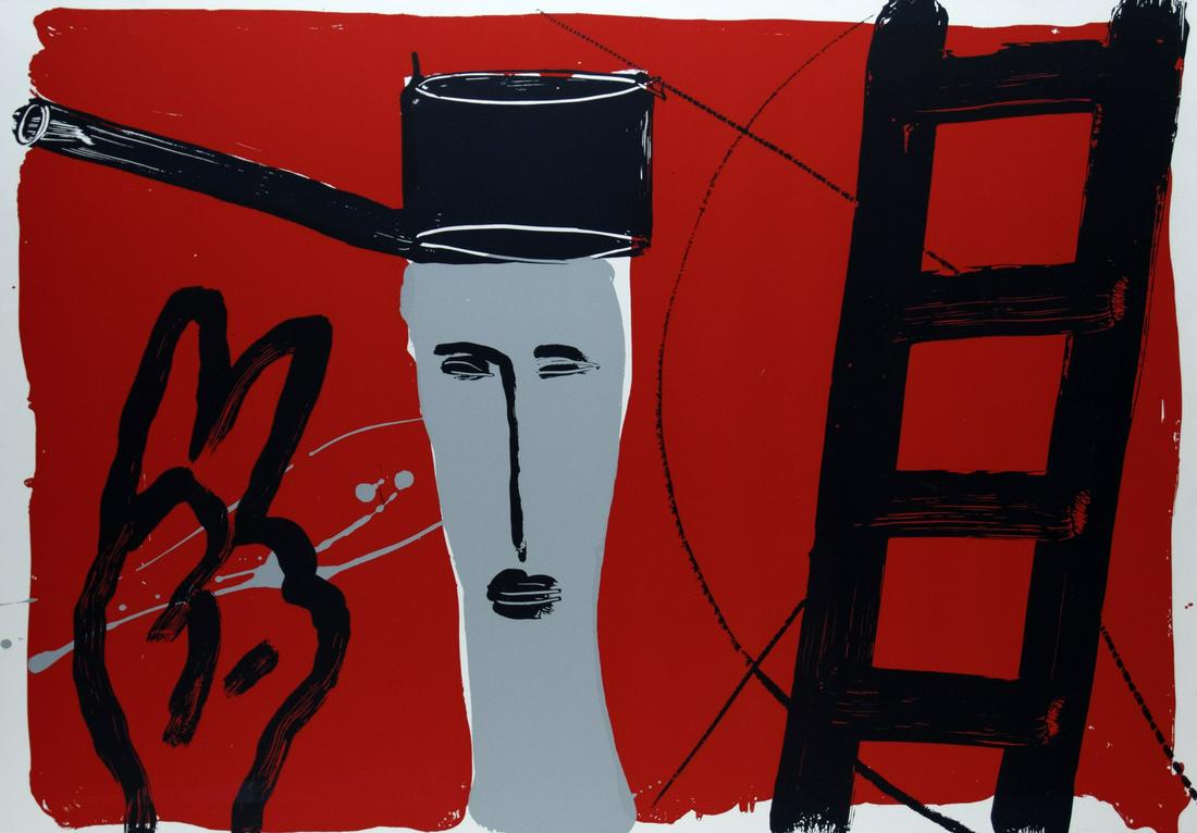 McLean, Bruce: Pot head man: Bruce McLean 1944 Glasgow Pot head man Silkscreen on paper, 1984; H 700 mm, W 1000 mm; signed and numbered ''17/50 Bruce McLean'' on verso