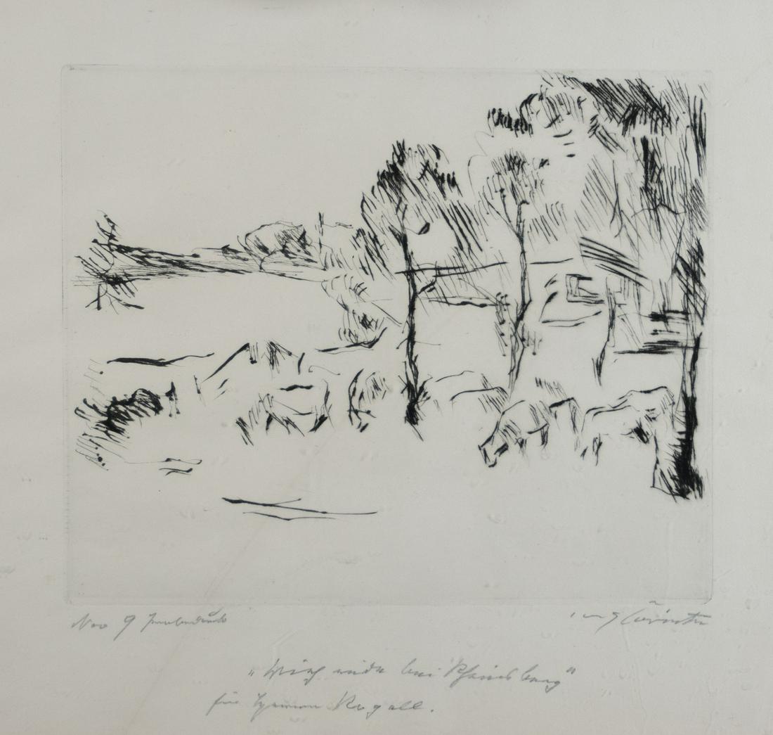 Corinth, Lovis: Schafe unter windbewegten Baeumen: Lovis Corinth 1858 Tapiau/Ostpreussen - 1925 Zandvoort Sheep under windswept trees Etching with drypoint on paper; H 245 mm, W 300 mm; signed lower right ''Lovis Corinth''; hardly legible inscribed be