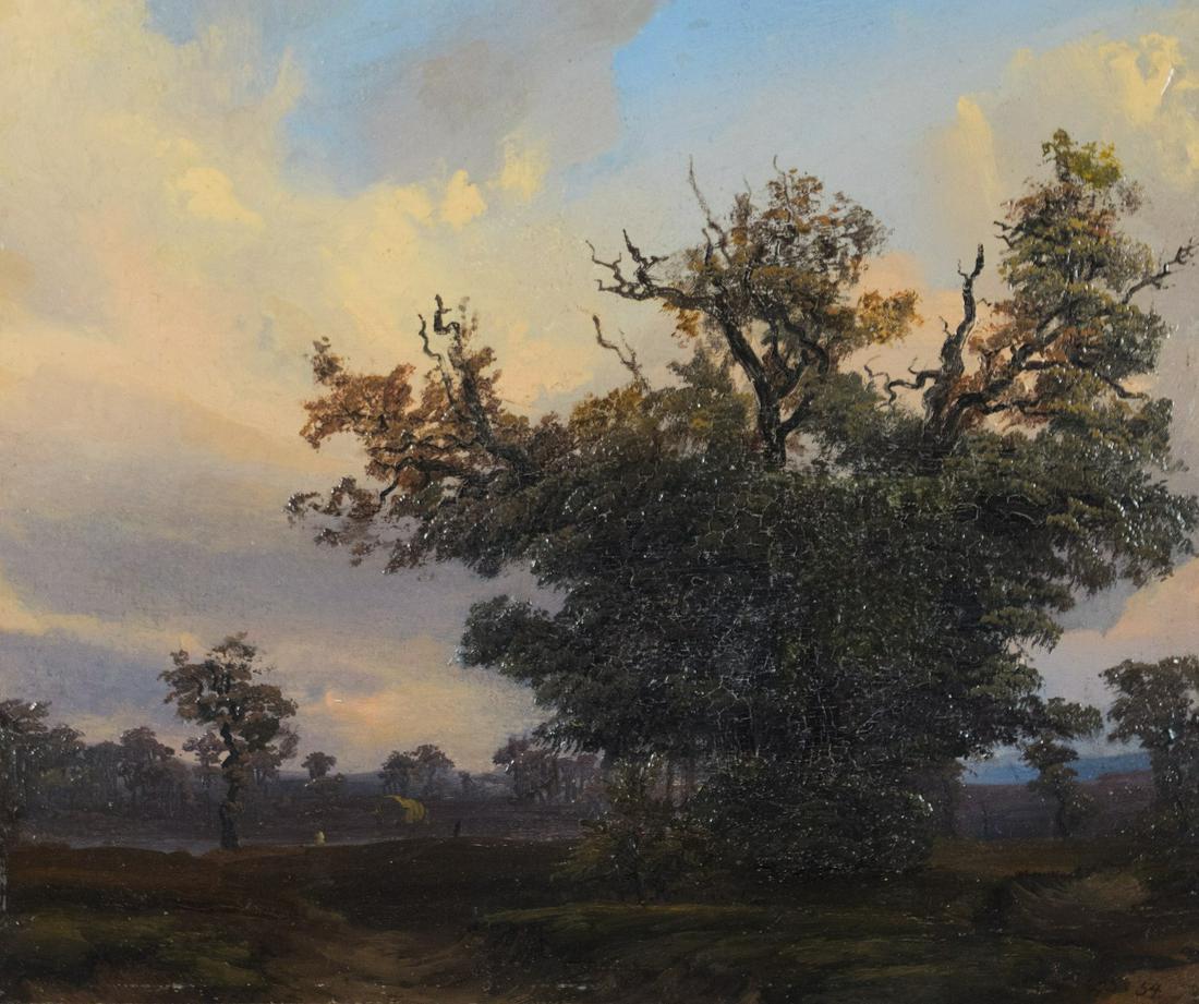 Scheuren, Caspar Johann Nepomuk: An der alten Eiche: Caspar Johann Nepomuk Scheuren 1810 Aachen - 1887 Duesseldorf At the old oak Oil on paper over cardboard; H 23 cm, W 27.5 cm; monogrammed and dated lower right ''C.S. 54''