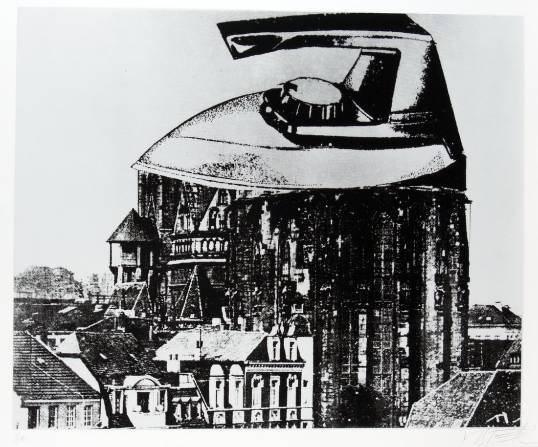 Vostell, Wolf: Kaiserdom Aachen: Wolf Vostell 1932 Leverkusen - 1998 Berlin Aachen Imperial Cathedral Silkscreen on paper; H 460 mm, W 585 mm; signed lower left ''VOSTELL''; numbered lower left ''3/100''