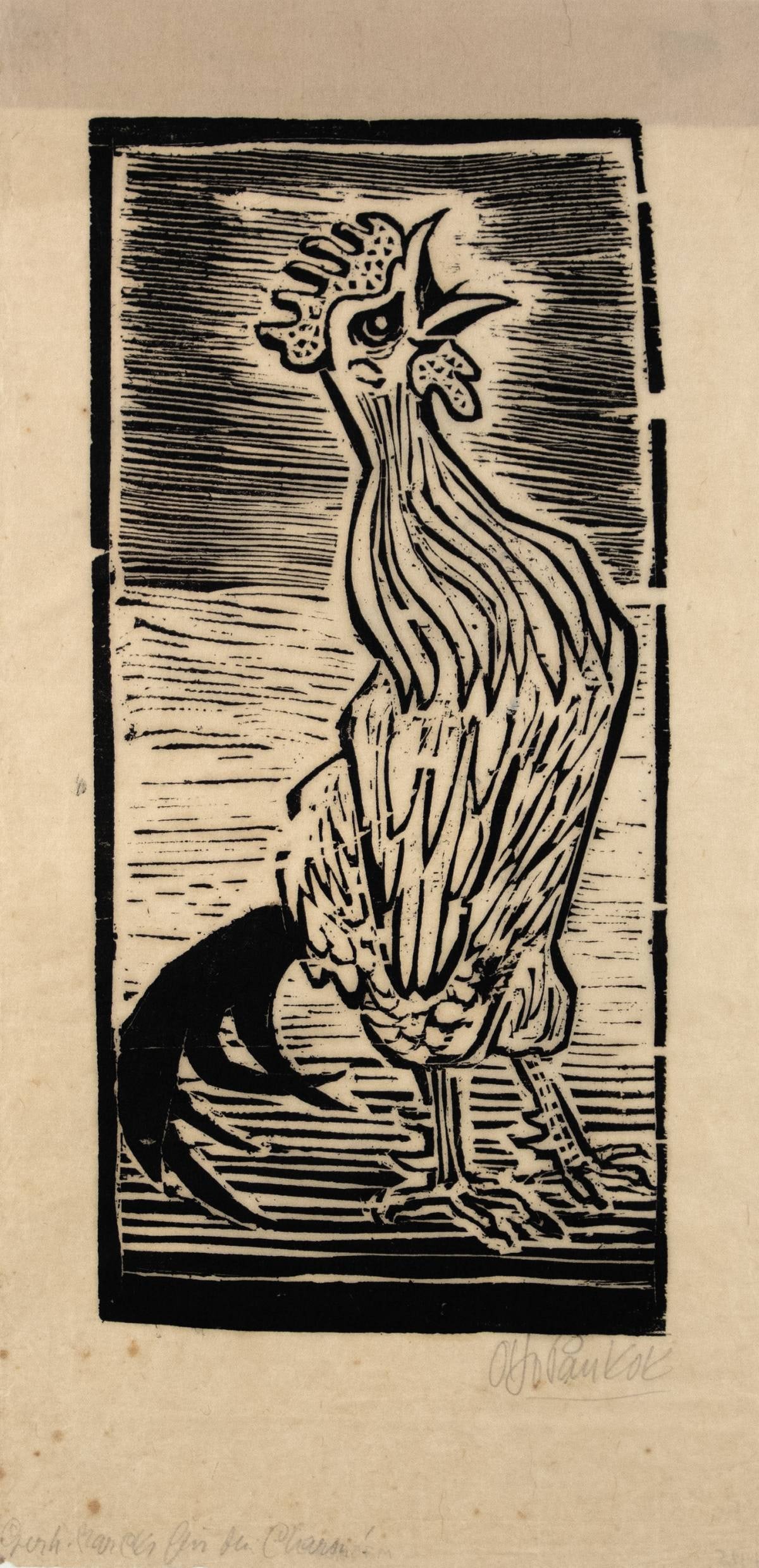 Pankok, Otto: Kr aehender Hahn: Otto Pankok 1893 Muelheim/Ruhr - 1966 Wesel Crowing rooster Woodcut on paper, 1947; H 362 mm, W 170 mm; signed lower right ''Otto Pankok''; with personal dedication to Gerhard Marcks; Cr.: Zimmermann
