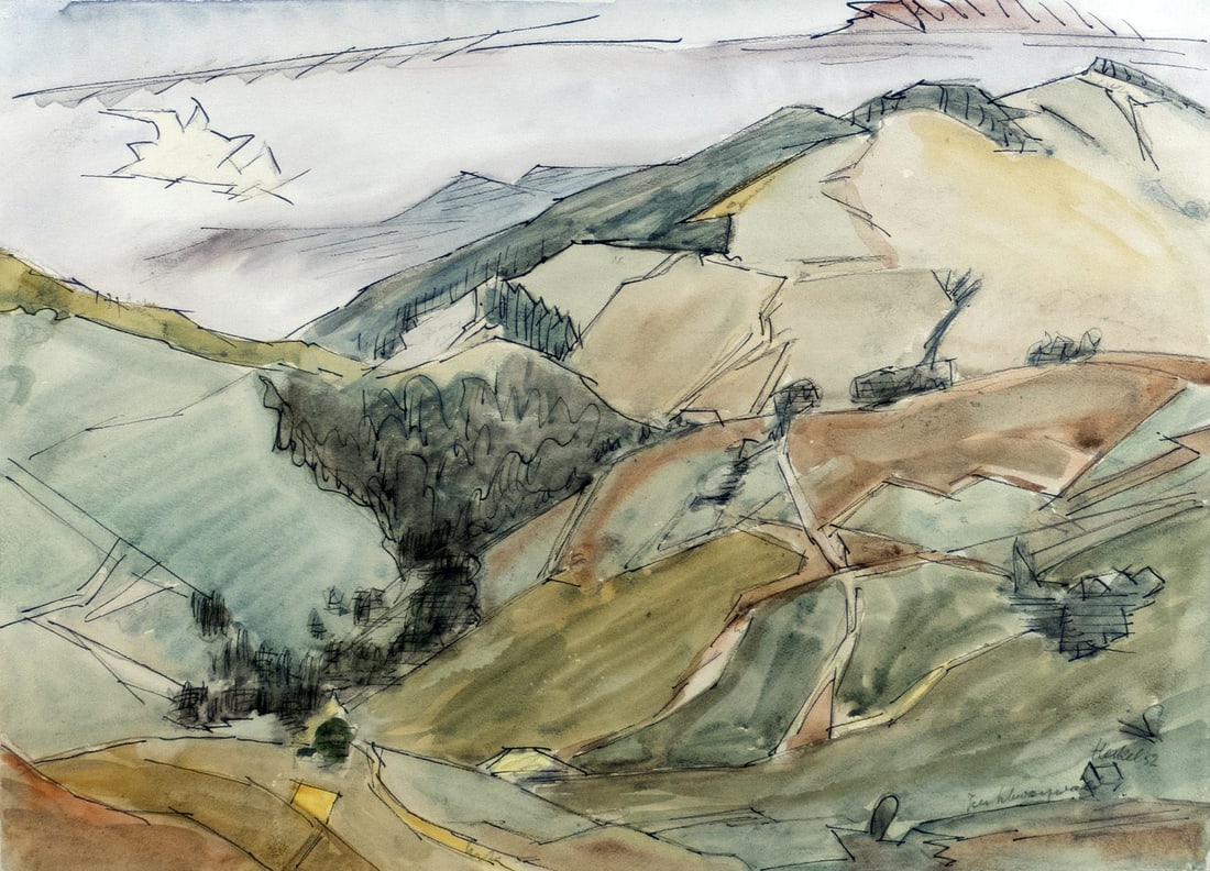 Heckel, Erich: Im Schwarzwald: Erich Heckel 1883 Doebeln - 1970 Hemmenhofen Im Schwarzwald Watercolor, pencil and ink on paper, 1952; H 305 mm, W 430 mm; signed, dated and inscribed lower right. ''Heckel 52 Im Schwarzwald'' ; Prove