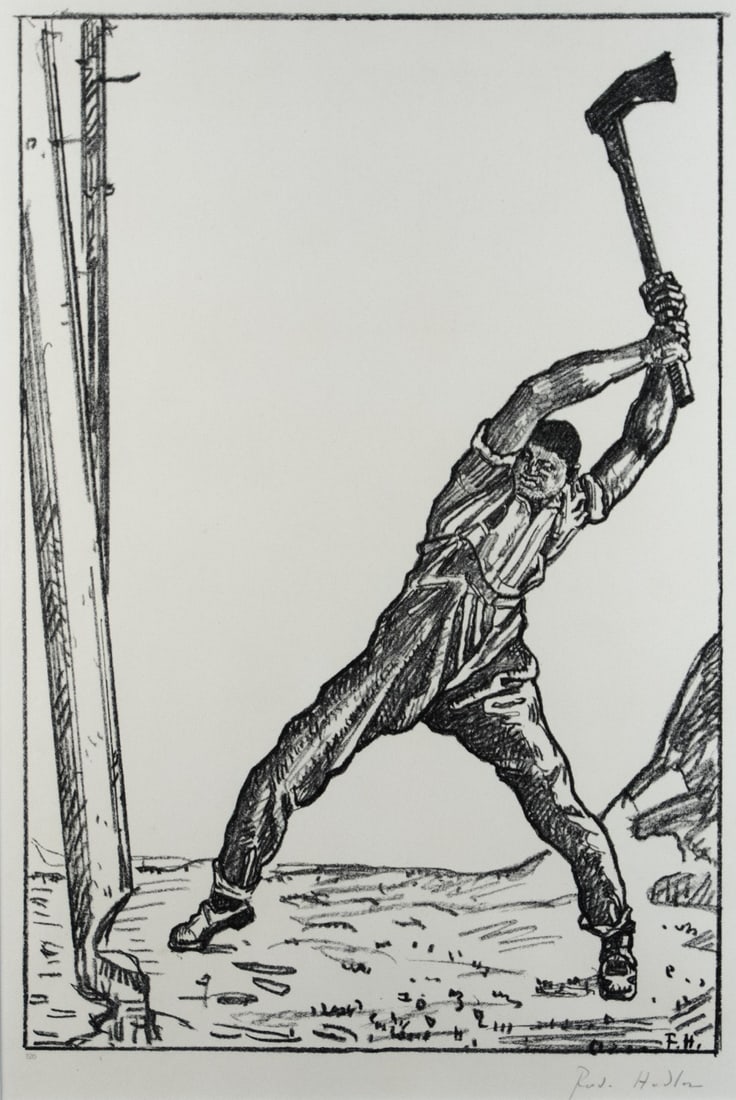 Hodler, Ferdinand: Der Holzf aeller: Ferdinand Hodler 1853 - 1918 The Woodcutter Lithograph on vellum; H 595 mm, W 400 mm; signed lower right ''Ferd. Hodler''; Numbering lower left ''126''