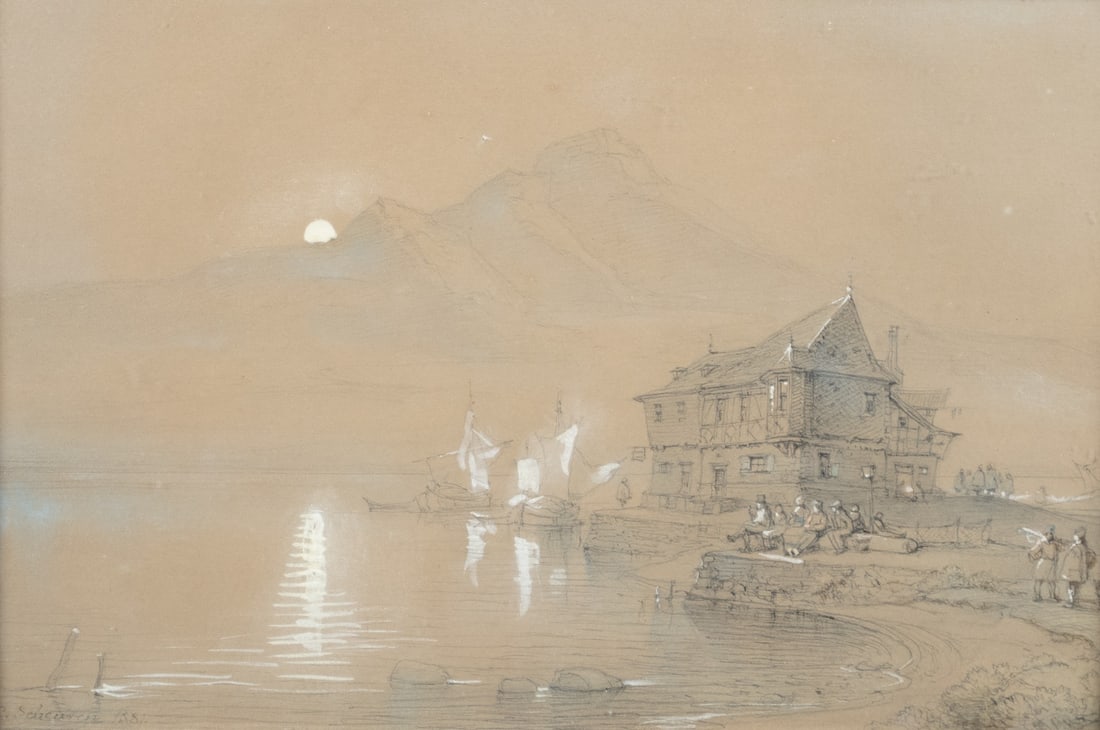 Scheuren, Caspar Johann Nepomuk: Am Seeufer: Caspar Johann Nepomuk Scheuren 1810 Aachen - 1887 Duesseldorf At the Lakeshore India ink and pencil, heightened with white; H 200 mm, W 303 mm; signed and dated lower left ''C Scheuren 1881''