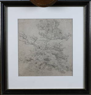 Schirmer Umkreis, Johann Wilhelm: Baumstudie (Alte Eiche): Circle of Johann Wilhelm Schirmer Tree Study (Old Oak) Pencil on paper; H 237 mm, W 218 mm; lower right poorly legible monogram