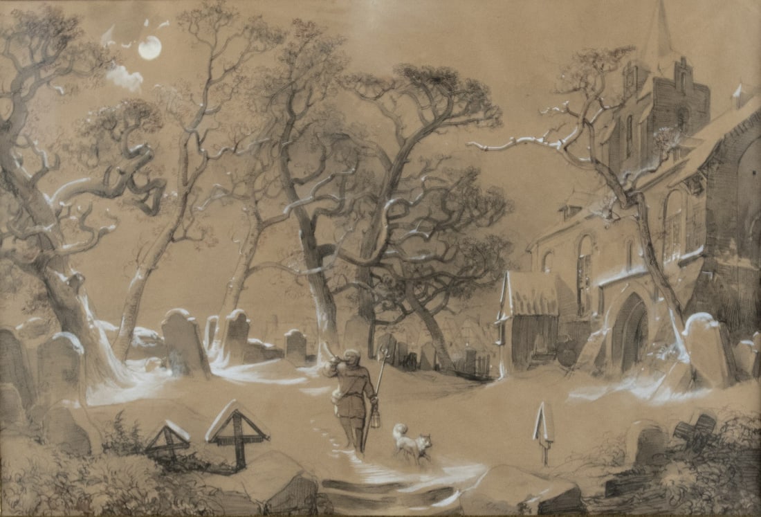Scheuren, Caspar Johann Nepomuk: Winternacht auf dem Friedhof: Caspar Johann Nepomuk Scheuren 1810 Aachen - 1887 Duesseldorf Winter night in the cemetery Indian ink, heightened with white on paper; H 295 mm, W 443 mm (mount dimension); signed lower center ''C. Sc