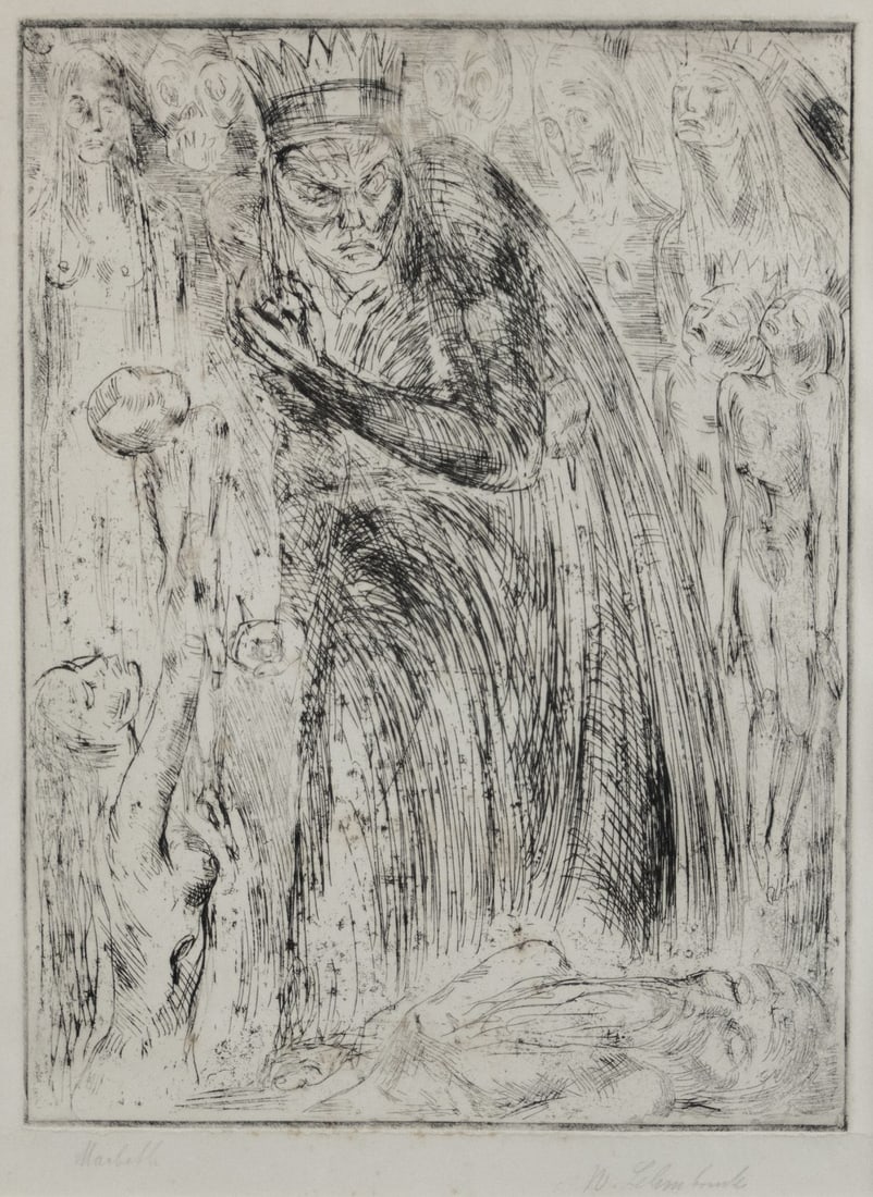 Lehmbruck, Wilhelm: Macbeth V: Wilhelm Lehmbruck 1881 Duisburg - 1919 Berlin Macbeth V Etching on paper, 1918; H 395 mm, W 297 mm; signed lower right ''W. Lehmbruck''; inscribed lower left ''Macbeth''; Provenance: Prof. Karl-Heinz