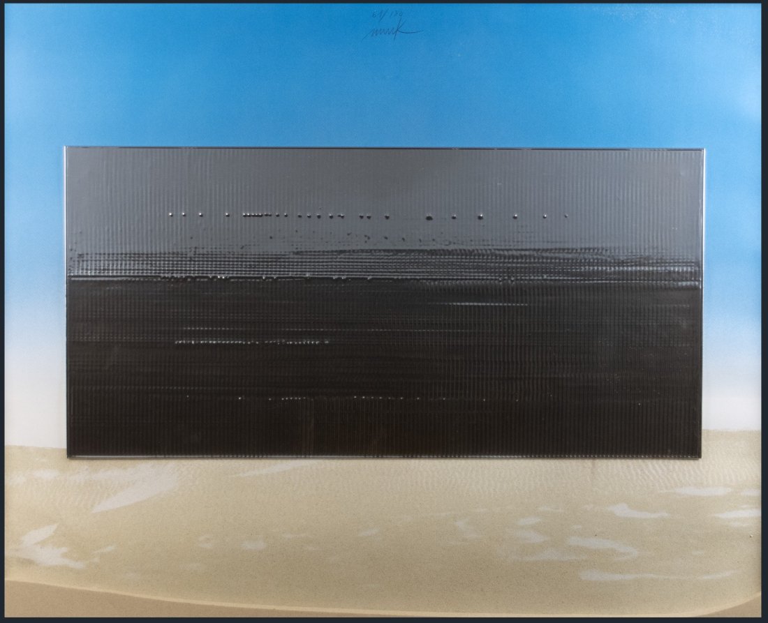 Mack, Heinz: Sahara Station Nr. 2: Heinz Mack 1931 Lollar Sahara Station Nr. 2 Aluminum relief on hardboard, collaged on color silkscreen and silkscreen on the inside of the glass; H 80 cm, W 100 cm; signed and numbered ''61/130''