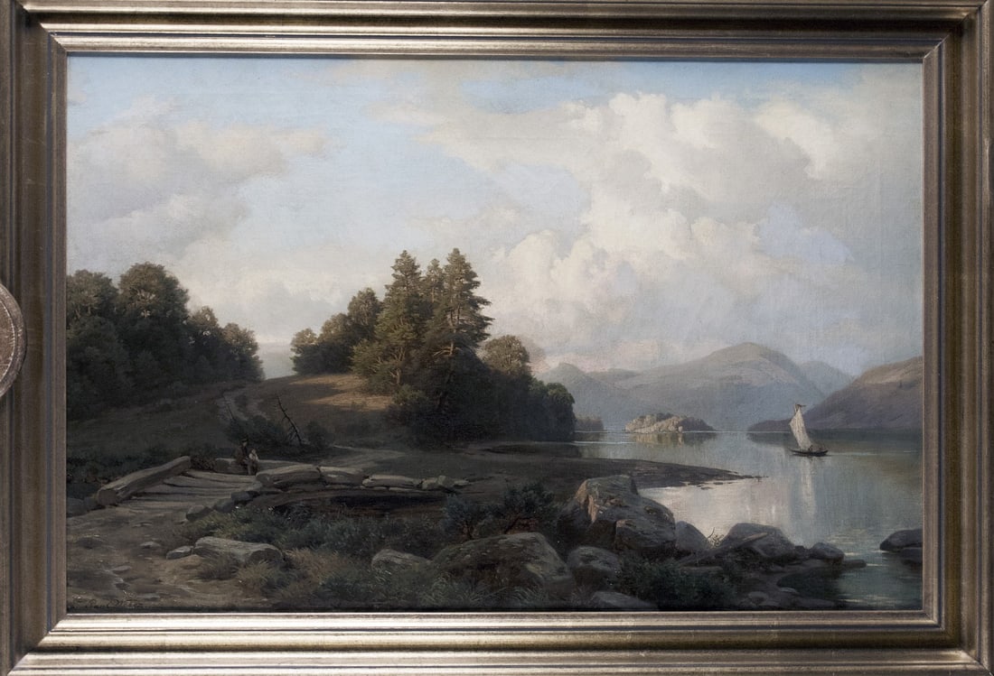 Weber, Paul: Am Seeufer: Paul Weber 1823 - 1916 At the Lakeshore Oil on canvas; H 52.5 cm, W 80 cm; signed lower left ''Paul Weber''; verso again signed ''Paul Weber''