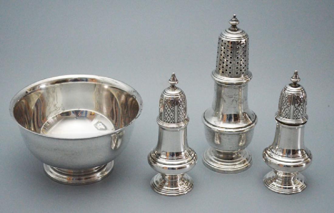 Lot Of Interesting Sterling Silver (Shaker, Bowl, S &: sugar shaker measures 7.5 inches tall, Tuttle John coburn reproduction salt-and-pepper shakers measure 5.5 inches tall, the Gorham Paul Revere reproduction bowl measures 3 1/8 inches tall by 5 7/8 inc