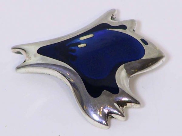 Sterling And Enamel Georg Jensen Pin Henning koppel: This striking Jensen pin is made of sterling and enamel . It is marked with the Jensen hallmark and has the initials HK for the designer Henni Kopell . It measures 2" x 1 3/4" and is in very nice cond