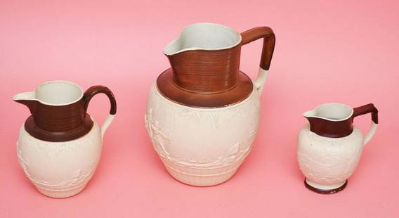 3 Circa 1800 John Turner Stoneware Pitchers: Archery Lesson