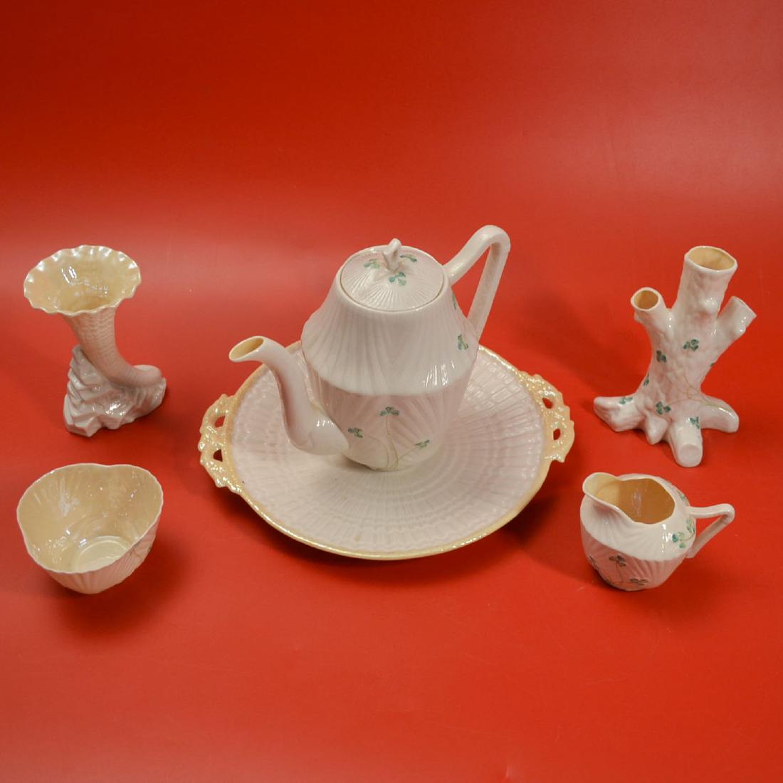 6 Piece Belleek Porcelain Lot (Teapot, Vases, Plate) (1 of 1)