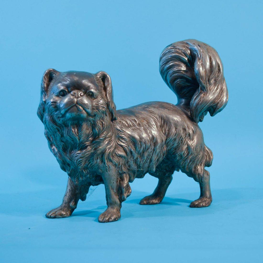 Antique Full Bodied Pewter Pekingese Dog Statue: Measures 10.75 inches tall by 12 inches long by approximately 3.5 inches deep. Circa 1890 maybe earlier, has some wear to patina, small hole in right ear