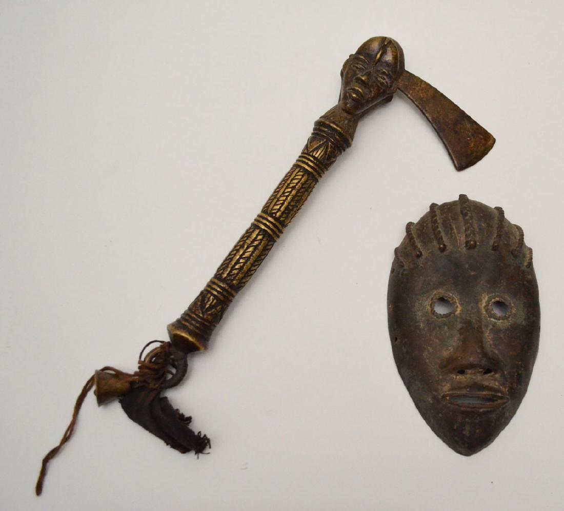 African Bronze Sculptures ( Mask & Hatchet): Mask measures 8.75 inches long by 5 1/8 inches wide. Hatchet measures approximately 18.75 inches long to the end of the bow, the piece alone measures approximately 14.75 inches
