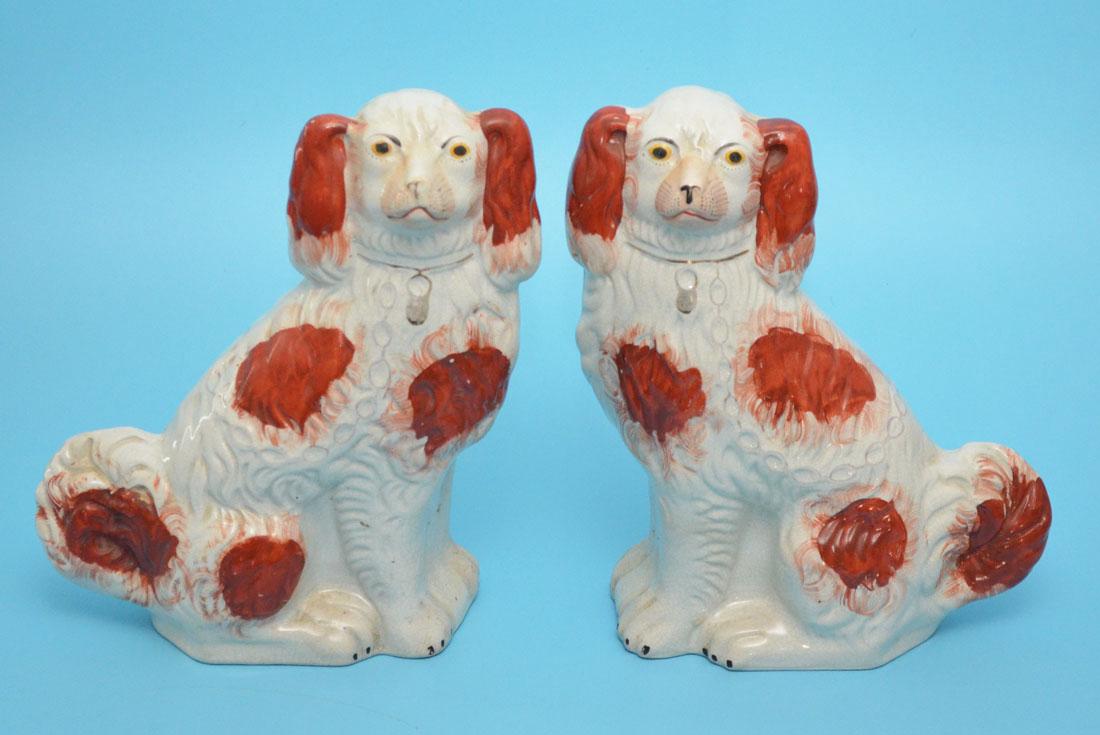 Pr of Staffordshire Porcelain King Charles Spaniel Dogs: The dogs measure 11 inches tall by approximately 8.25 inches long by 3.75 inches deep