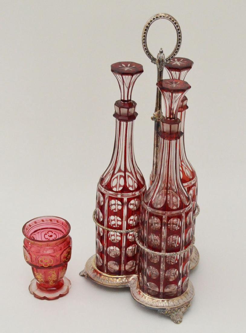 3 Bohemian Glass Decanters w Silver-plate Holder & Vase (1 of 4)