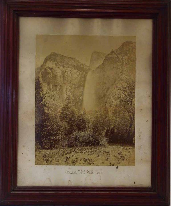 Carleton E. Watkins Photo Bridal Veil Fall Yosemite: This hard to find unsigned Large Carleton Watkins photo of Bridal Veil in Yosemeti National park is yellowed and a little faded with some dark spots and foxing. Measures 20 1/2" x 15 3/4"