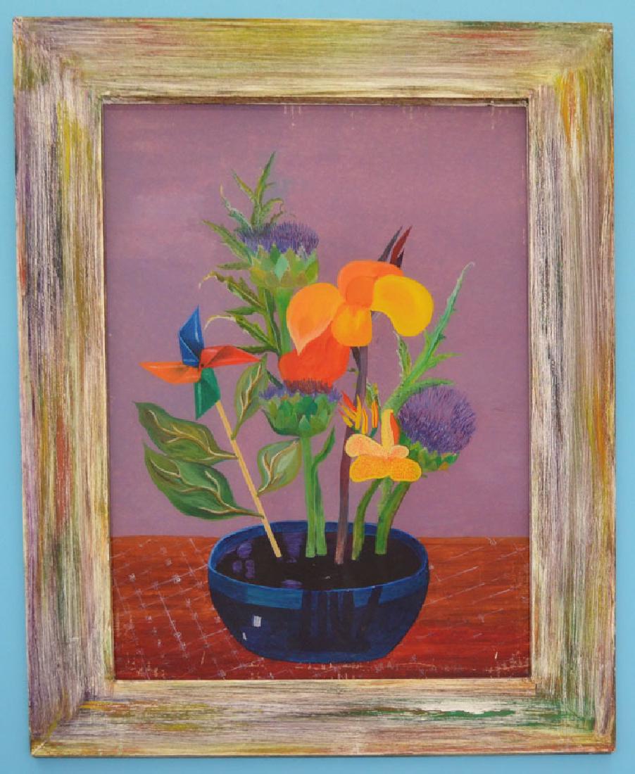 Large Ralph Auf der Heide Still Life w Whirligig: Reverse painting on plexi. Frame: 33.5" x 24.5" image sight: 26" x 17"