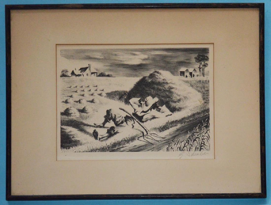 Signed Georges Schreiber Southern Siesta Litho: "Southern Siesta" black Americana etching. Frame: 20.5" x 16.5" paper sight is 12.5" x 10", has two small yellow spots in the etching