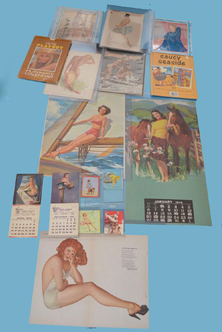 Lot of 1940s & 50s Pinup Girls: Lot includes 1950 & 1951 calendar advertising , A. Varga Esq, 1972 Playboy Playmate Calendar, 1943 Sunshine & Health nude cover mag, 1946 Varga Calendar, Saucy Seaside 20 Cheeky Colour Postcards, and