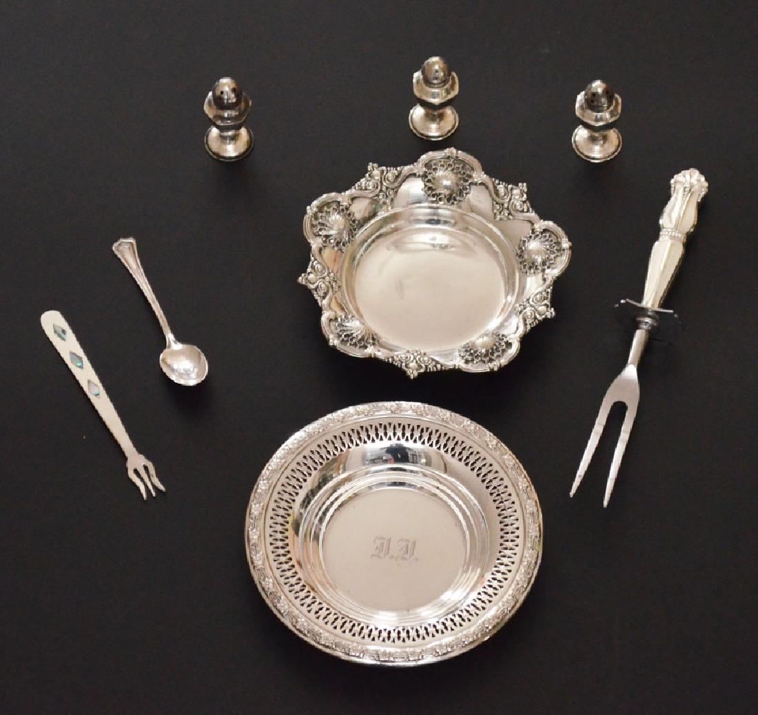 Lot of Nice Sterling Silver Table Accessories: Lot includes: Woodside Sterling Co dish (5.75" diameter), Gorham dish 5 7/8"d, Alvin meat fork 9", 3 salt and peppers 2 1/8"t, mexican sterling & mother of pearl fork 5", and Roder plate spoon. The we