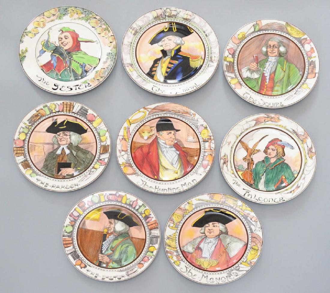 9 Vintage Royal Doulton Character Plates: Lot 94 The Squire, the Admiral, the jestor, The falconer, the parson, The hunting man, The mayor, the doctor they measure 10 1/4 in diameter all and good Estate found condition