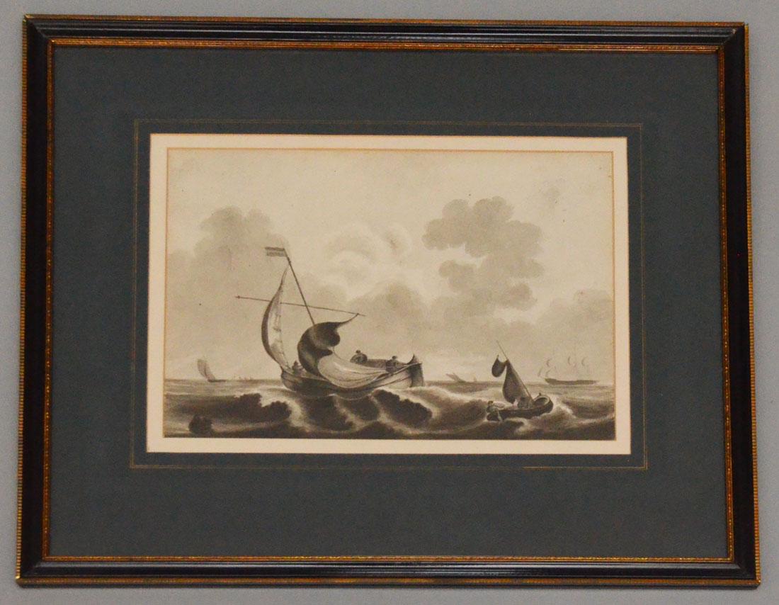 American School Watercolor On Paper Of sailing Ships: The frame measure 15.75 x 18 1/8 the image measures 8 x 11.25.