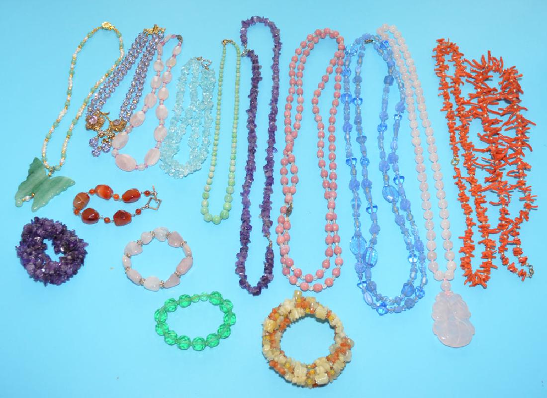 Lot of Stone Jewelry Necklaces: Lot includes: rose quartz, coral, glass, amethyst, carnelian, jade?. They range from 58" to 13.75"