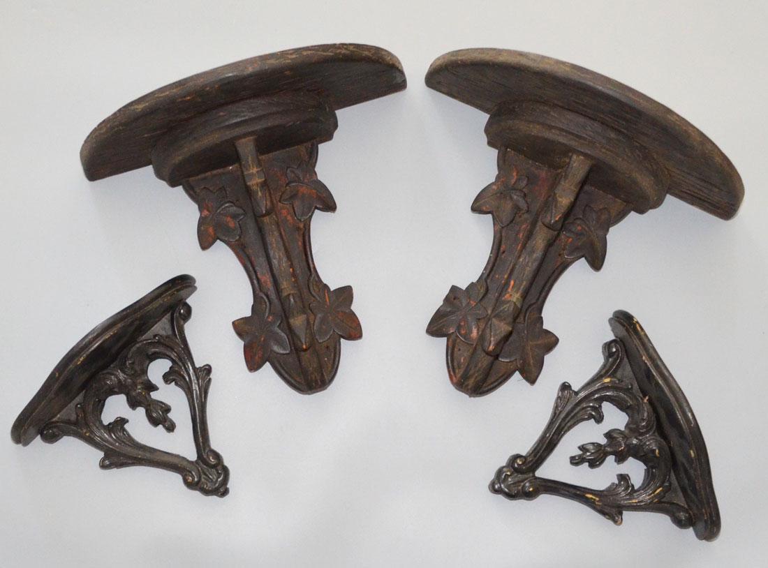 Two Pairs Of Antique Wood Brackets: Large brackets measure 11.75 inches tall by 14.25 inches long by 7 1/8 inches deep smaller brackets measure 7 7/8 inches tall by 9.75 inches long by 4 1/8 inches deep