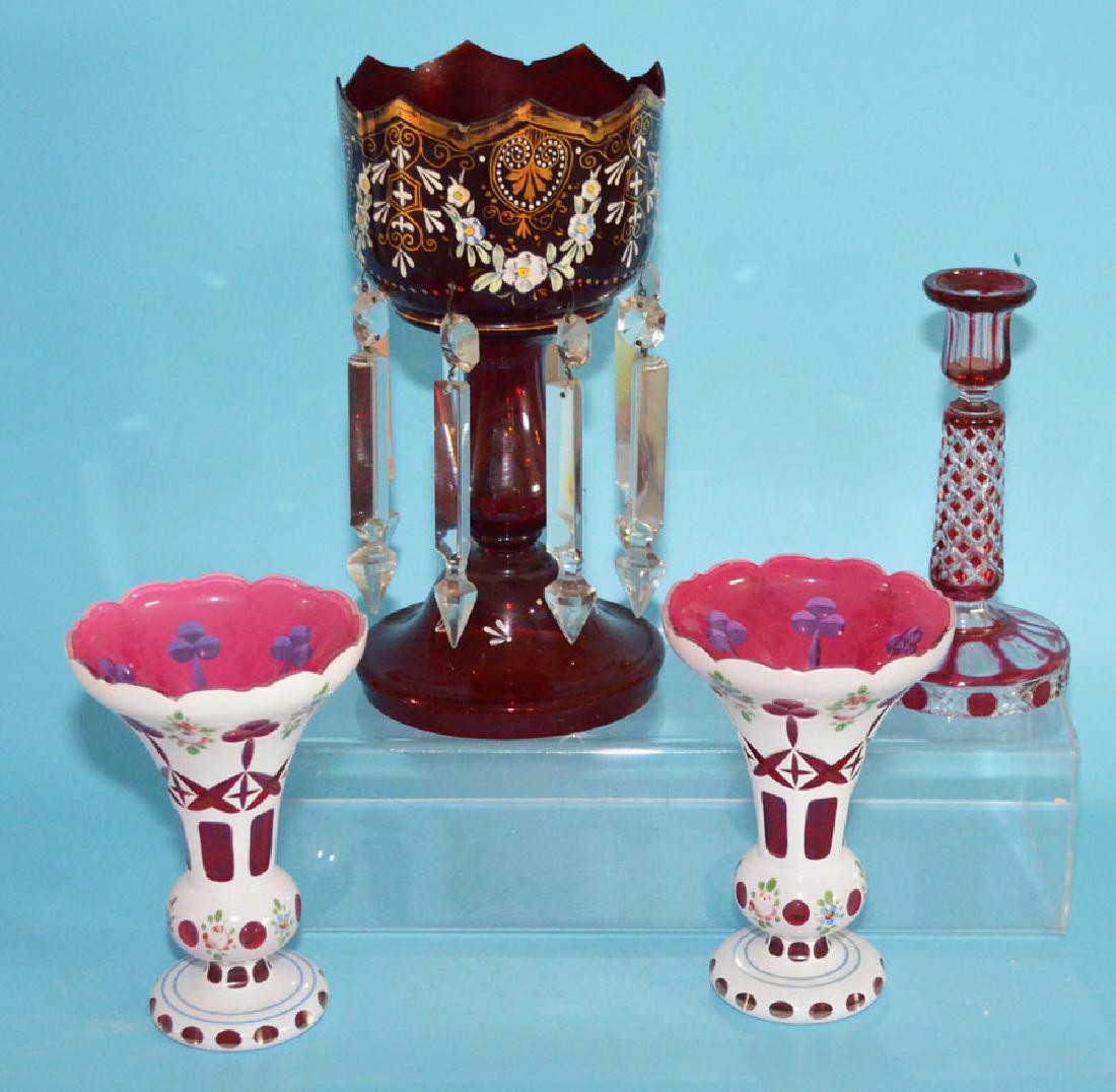 Antique Bohemian Glass Lot ( Girandole, Vases Candle (1 of 4)