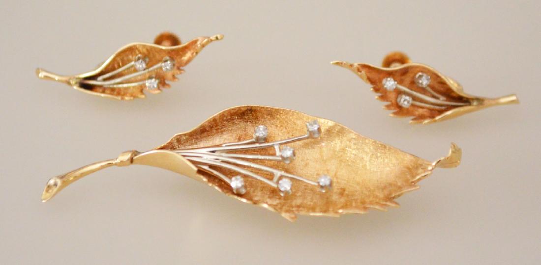 Very Stylish 14k Gold &  Diamond Pin and Earrings (1 of 3)