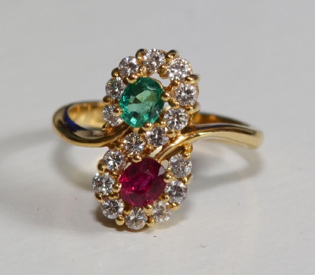 18k Gold Diamond, Emerald & Ruby Bypass Ring (1 of 3)