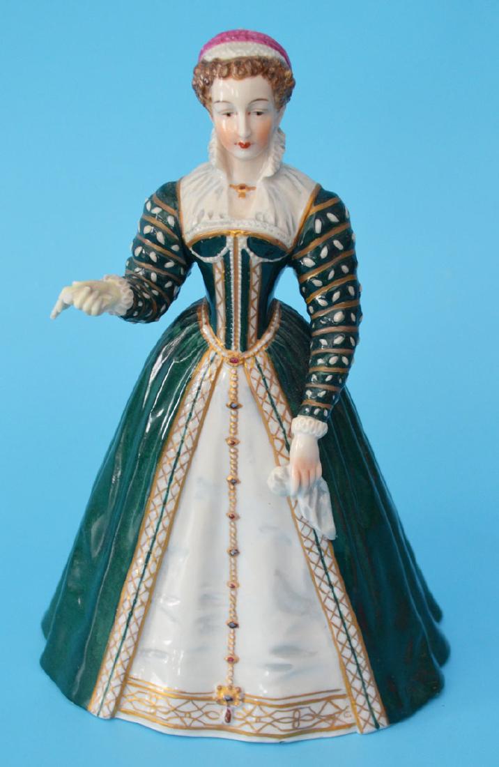 Sevres Porcelain Figure of Marguerite de Valois: Marguerite de Valois, measures 8.25 inches tall by 5.25 inches long by 4 1/8 inches deep. Appears to have slight damage to the glove in her hand