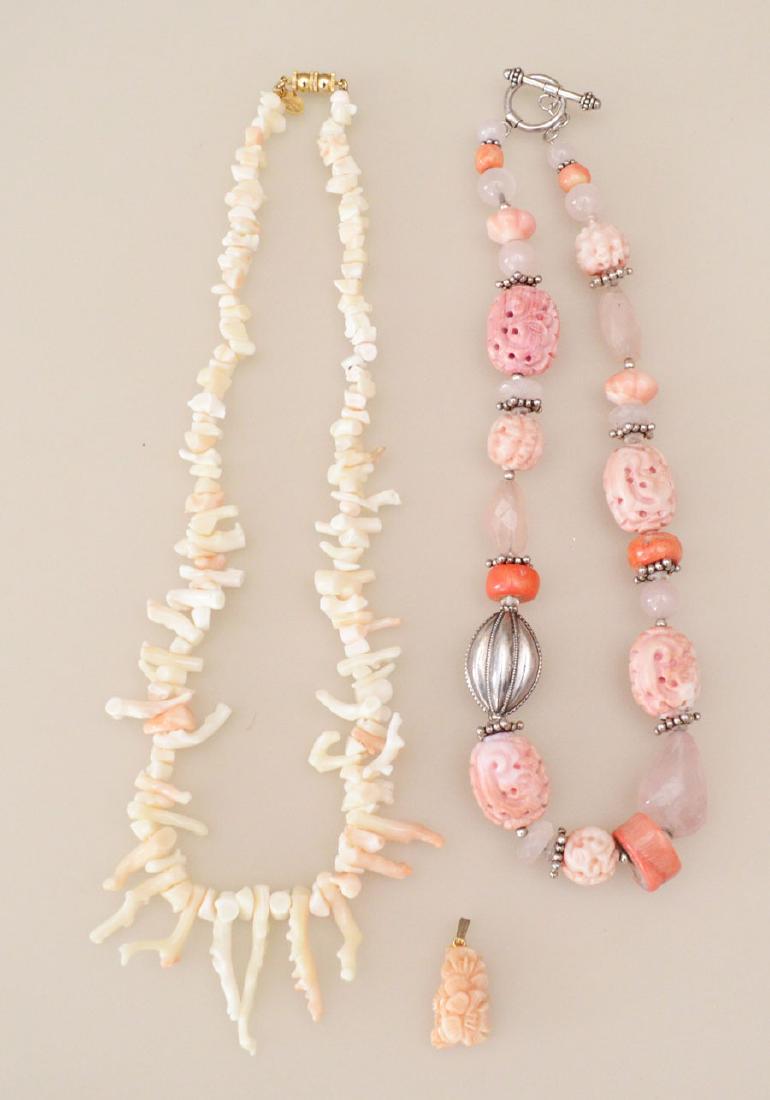 Lot of Stunning Coral Necklaces (Anna Kahn Russell): AKR necklace measures 18.5", other Les Bernard necklace measures 19.75", pendent measures 1".