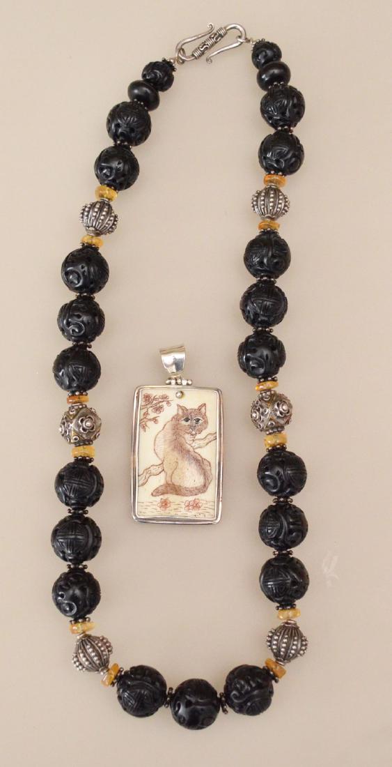 Lovely Carved Chinese Black Coral Necklace & Cat (1 of 4)