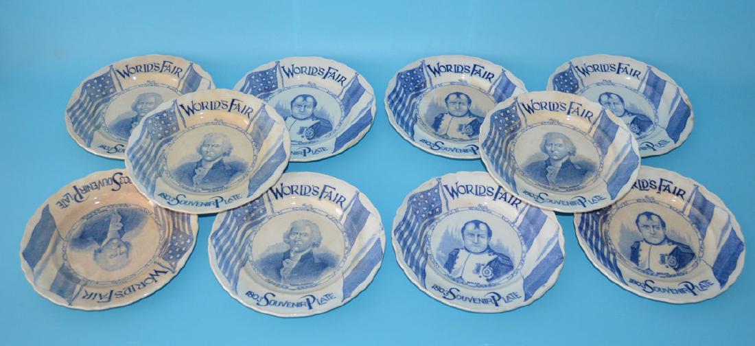 10 Hard To Find 1904 World's Fair Plates: Victoria Art Co. Lot includes 5 Napoleon Bonaparte plates and 5 Thomas Jefferson. They measure 7" diameter. All with wear, some staining.