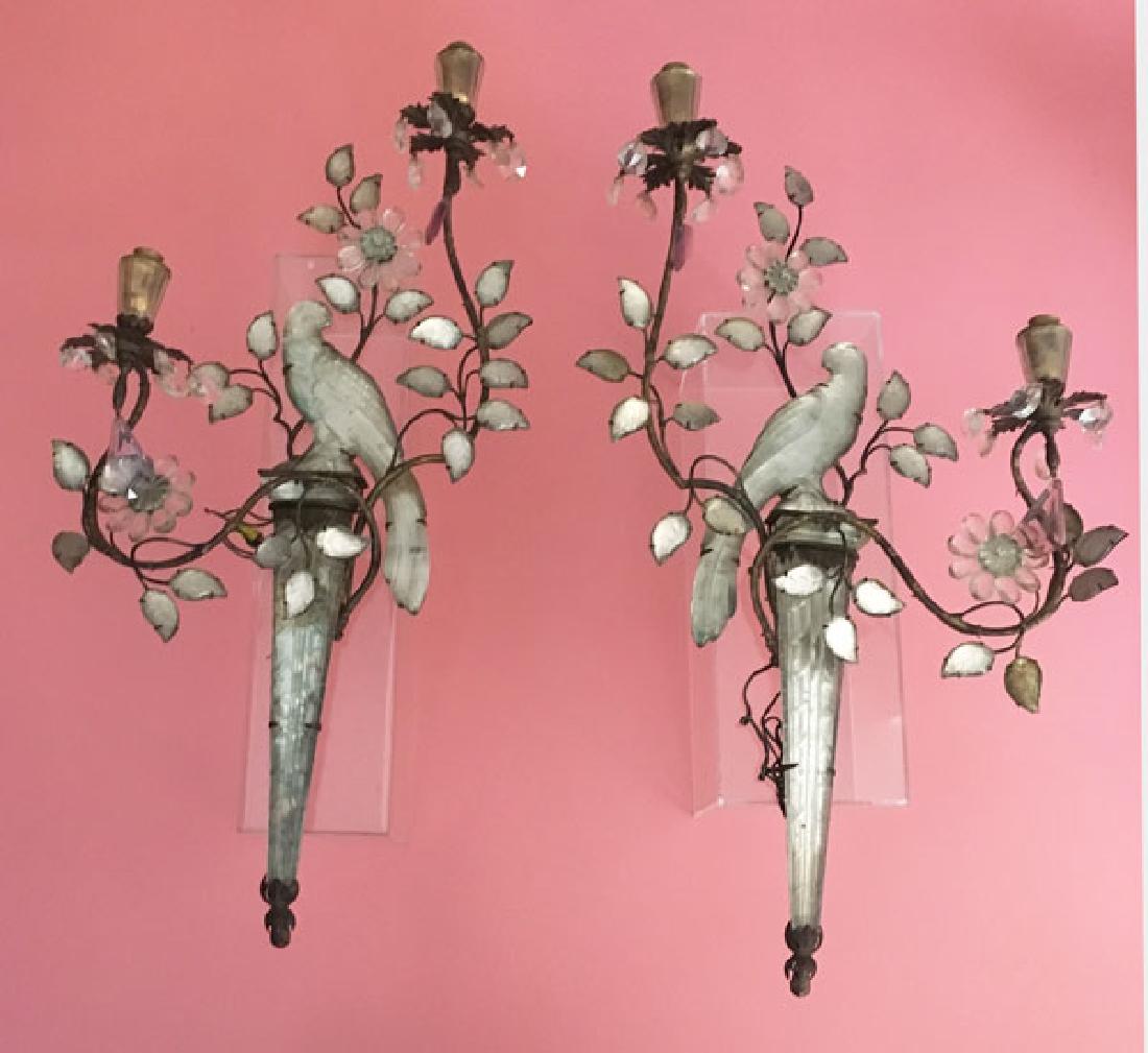 Exquisite Pr Of Maison Bagues Bird Sconces: Glass and metal sconces with parrot and floral motif. They measure 23.25" tall x 13" wide x approximately 5.25" deep.