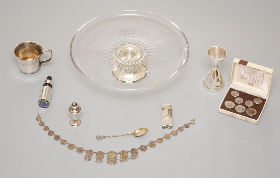 Lot of Sterling Silver Accessories: Lot includes: Washington Inaugural blazer buttons by stieff, sterling cup, sterling vermouth dropper bottle, Dunhill lighter, Denver sterling & enamel spoon, filigree necklace and a sterling jigger. C
