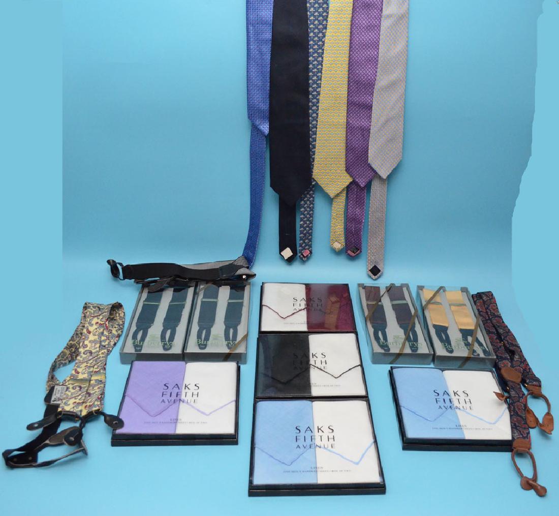 Vintage Men's Lot Of Handkerchiefs Ties & Suspenders: Lot includes: 4 Burberry suspenders in box, 5 Saks Fifth Avenue Handkerchiefs, Versace, 2 Thomas Pink, 2 Vineyard Vines and Zegna ties