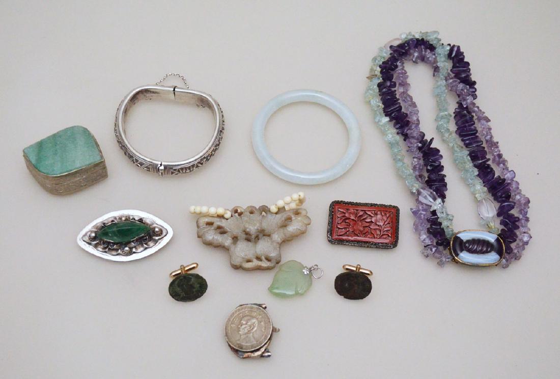 Eclectic Lot of Sterling Jewelry (Jade, Amethyst): Lot includes: pill box, Chinese silver bracelet, 15" amethyst Carolin Co necklace, Anton sterling brooch, white jade bracelet, ancient coin cufflinks, cinnabar pin.