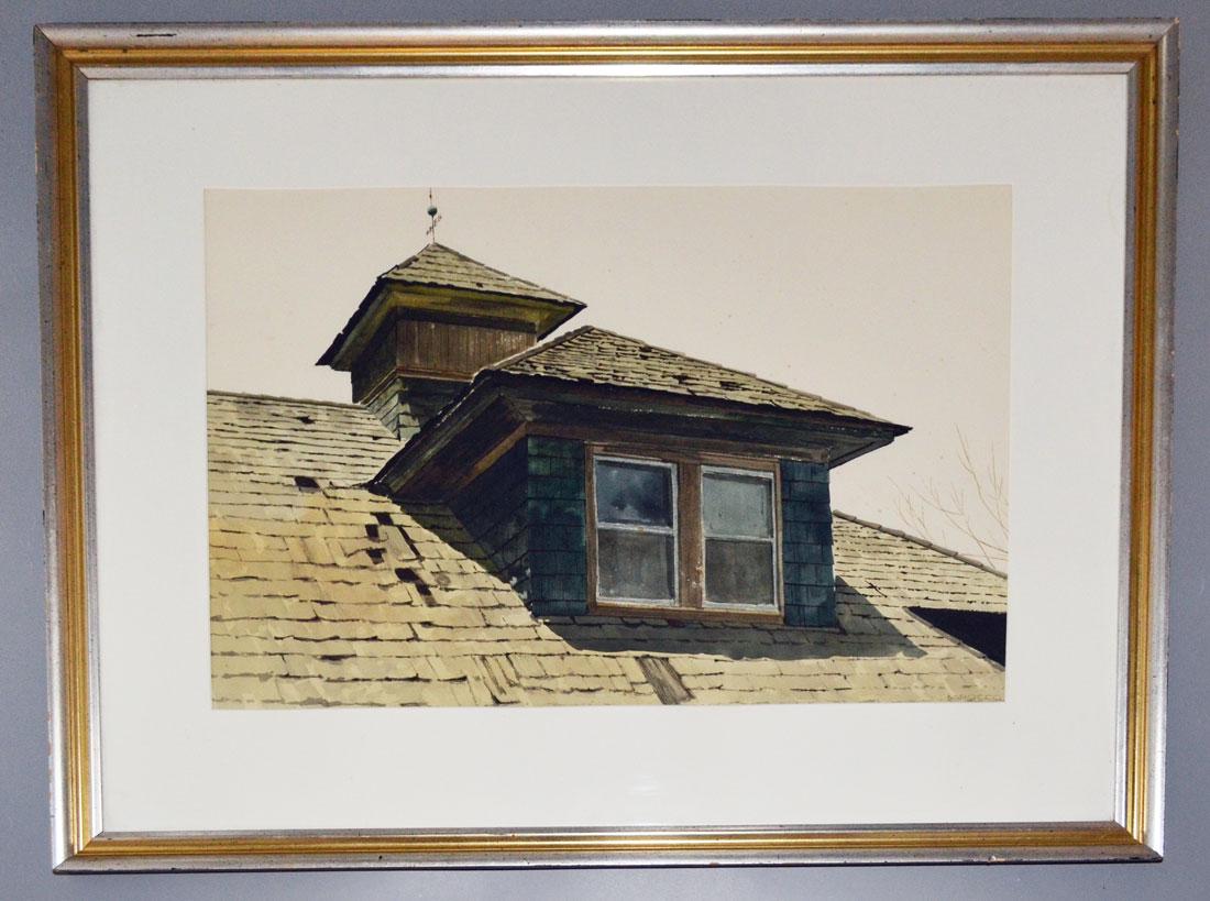 Captivating M. Rocco Watercolor Painting of a Roof: In the manner of Andrew Wyeth. Frame: 38" x 30.5" image sight: 27.25" x 19". In estate found condition, some foxing, mostly in the lighter fields.