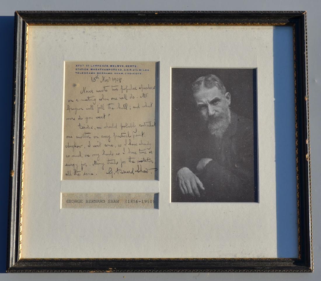 George Bernard Shaw Signed / Autographed Letter: Autographed letter: 15th, November 1908. "Never waste two popular speakers on a meeting when one will do. W Grayson will fill the hall; and what more do you want? Besides, we should probably conduct o